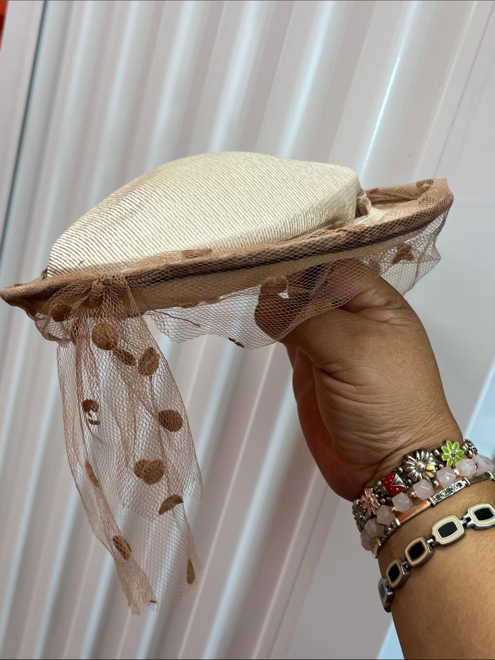 Vintage Cream and Tan Polka-Dot Veiled Pillbox Hat